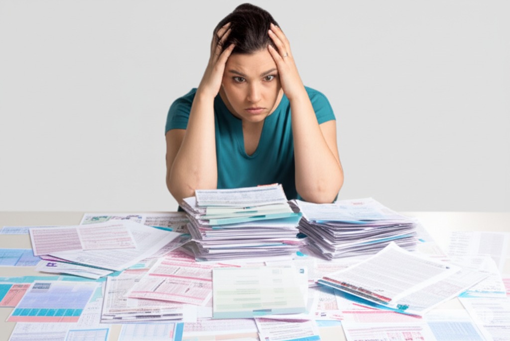Person overwhelmed with healthcare paperwork